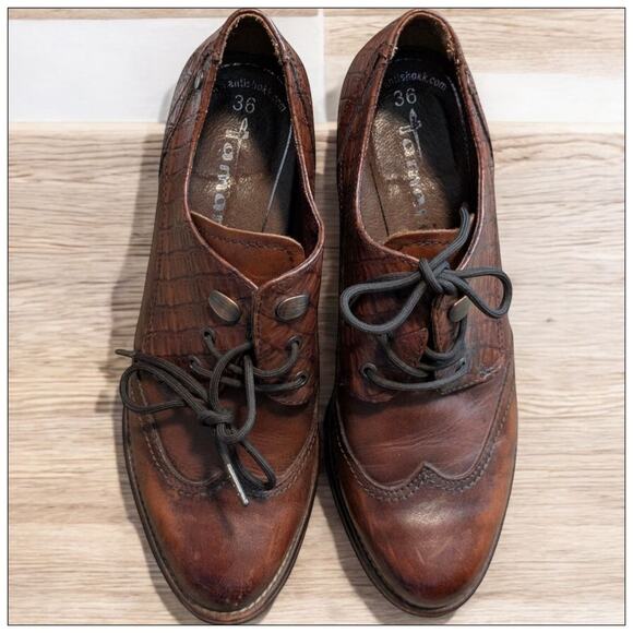 Brown Leather TAMARIS Lace Up Oxford Style Crocodile Print Derby Shoes Size 5.5 - Picture 3 of 6